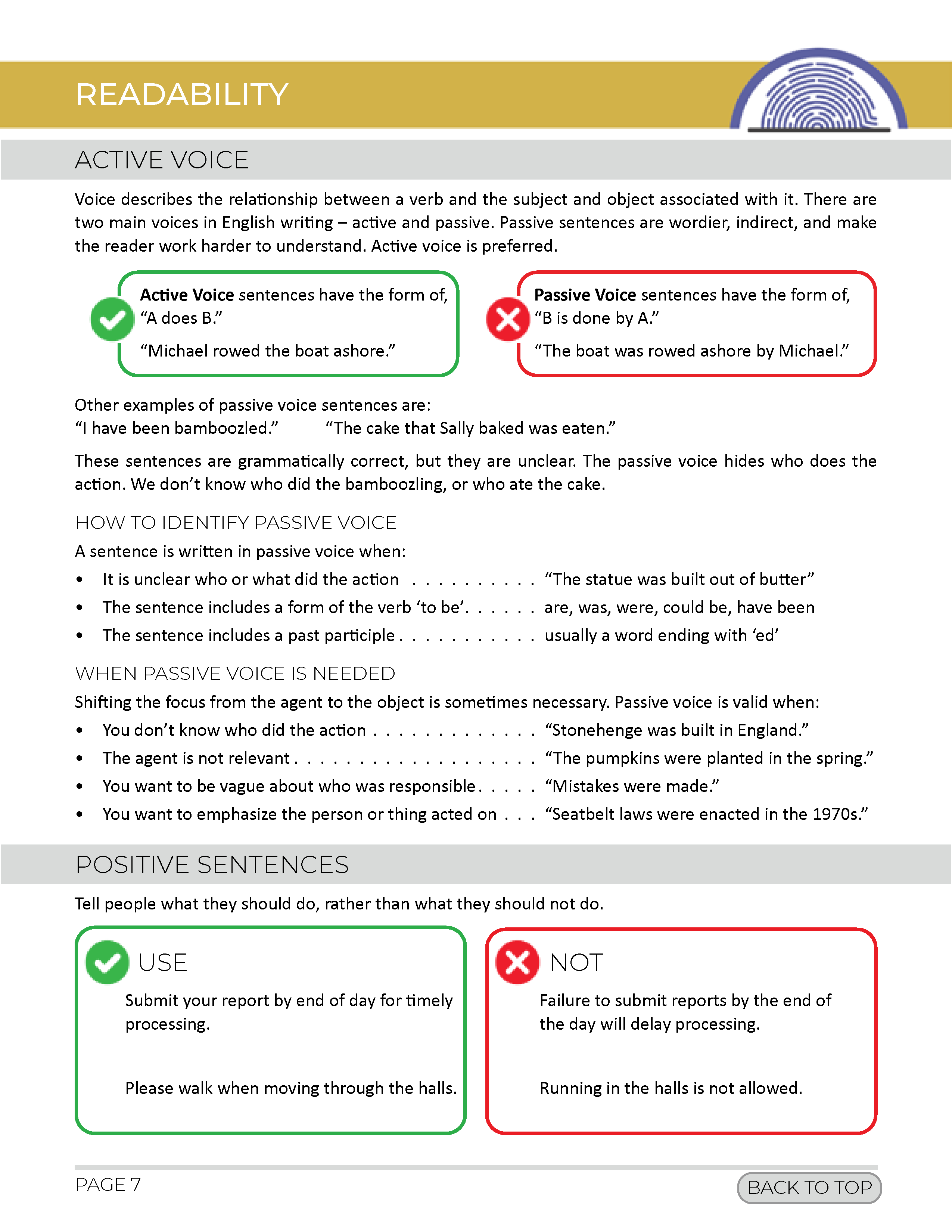 Examples of active and positive sentence structure from a brand guide. A full text version follows.