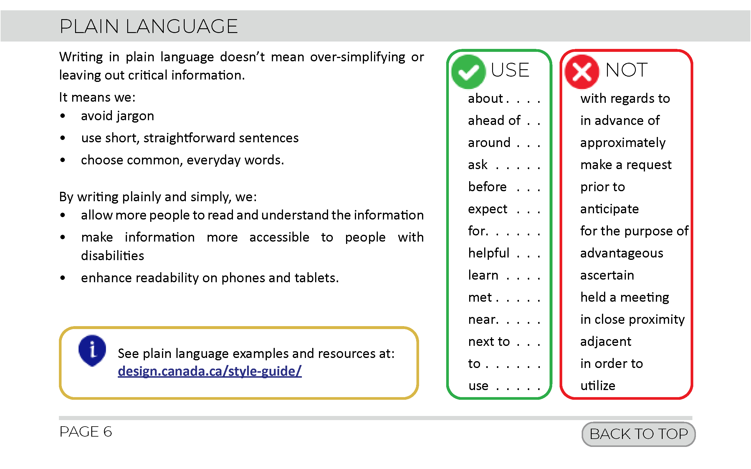 Excerpt from brand guide showing plain language tips. A full text version follows.