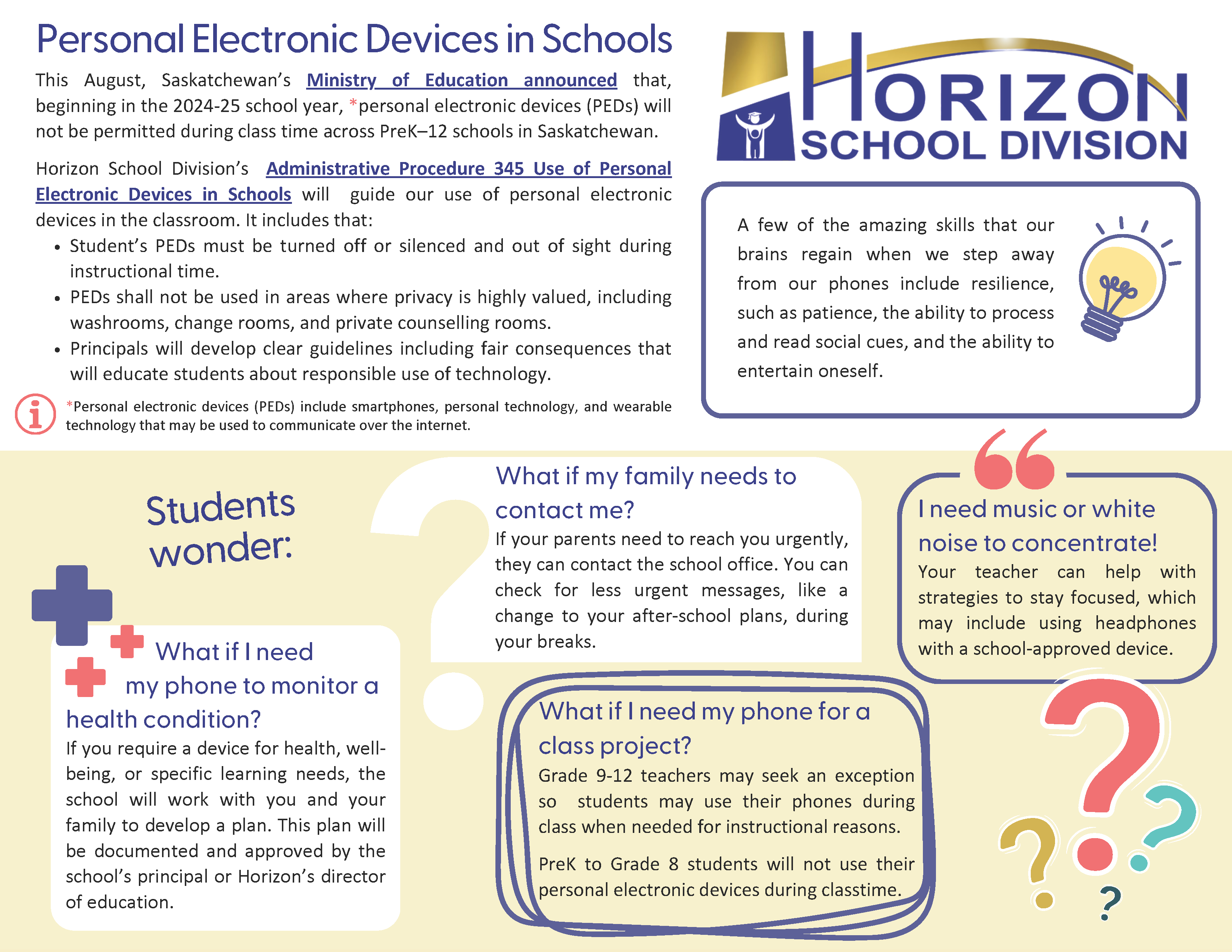 Horizon School Division poster explaining new cell phone rules, with student questions and answers about device use in class.