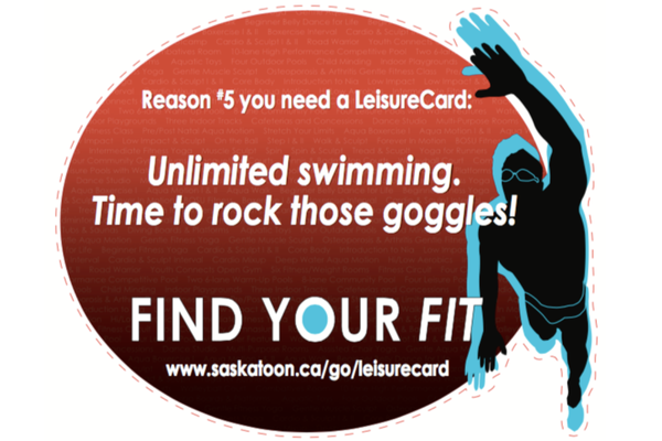 LeisureCard promo image: Unlimited swimming. Time to rock those goggles! Message encourages fitness with the phrase 'Find Your Fit' and a link to saskatoon.ca/go/leisurecard.