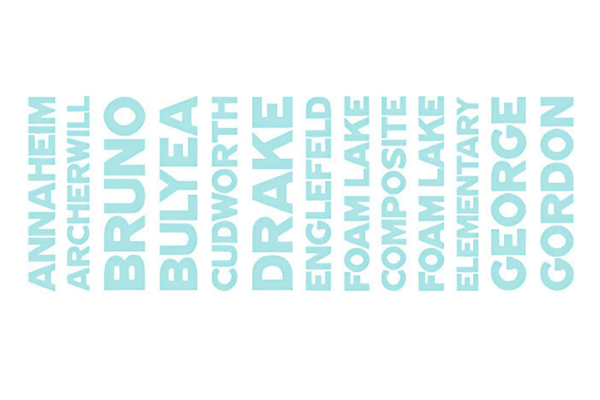 Word cloud listing school names in light blue text: Anaheim, Archerwill, Bruno, Bulyea, Cudworth, Drake, Englefeld, Foam Lake Composite, Foam Lake Elementary, and George Gordon.