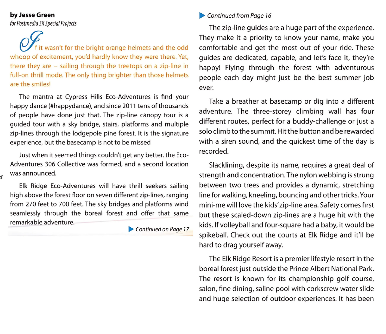Editorial article showing a zip-line feature written by Jesse Green, including opening paragraph and photo styling